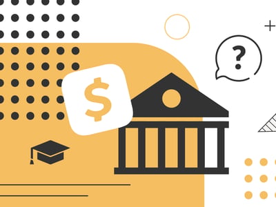 An abstract financial illustration features a prominent black bank icon with classical columns, positioned centrally on a mustard-yellow and white background. A white speech bubble containing a question mark floats above the bank, symbolizing the complex questions families face regarding college financing. To the left, a white dollar sign inside a rounded white square hovers over a black graduation cap, representing student loan options and costs. The background is adorned with various geometric patterns, including black and white dots, thin black lines, a hollow circle, and a triangle, adding to the dynamic and modern feel of the image. This visual metaphor highlights the challenges and choices involved in navigating the seven different types of student loans and financing alternatives available for college and graduate school, as discussed in the article. Source: The College Investor
