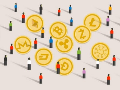 This illustrative image for The College Investor features an overhead perspective of numerous stylized, minimalist figures representing investors, scattered across a dark gray surface, looking towards a cluster of gold cryptocurrency coins. The coins display various popular crypto symbols, including Bitcoin (B), Ethereum (a diamond shape), Litecoin (L), Ripple (X), Monero (M), and Dash (D), along with generic "Z" and cloud-network symbols. The diverse figures wear tops in black, white, red, blue, green, and purple, symbolizing the broad appeal and widespread interest in investing in digital assets. The composition effectively visualizes the article's focus on helping beginners understand how to buy Bitcoin and other tokens by exploring the best cryptocurrency exchanges and platforms.