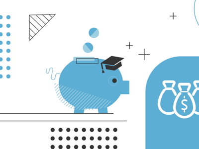 This image prominently features a light blue piggy bank wearing a black graduation cap on its head, symbolizing student savings and financial growth. Above the piggy bank, two light blue circles are shown as if being deposited into the coin slot, reinforcing the idea of saving money. To the right, partially visible, are three white money bags with dollar signs, representing wealth and financial security. The background is a clean white with various light blue and black geometric shapes and lines, including a dotted vertical bar on the far left and plus signs scattered across, adding a modern and dynamic feel. The text "COLLEGE INVESTOR" is visible at the bottom left. This visual effectively illustrates the article's focus on the best savings accounts for college students, emphasizing the importance of managing finances, investing, and achieving financial stability during their academic journey.