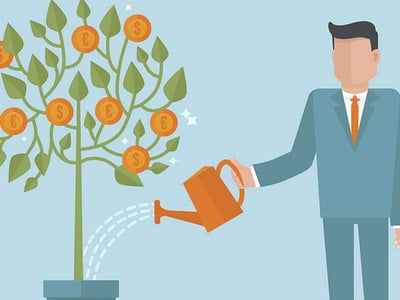 A stylized illustration depicts a man in a blue suit and orange tie, representing an investor, watering a money tree with an orange watering can, symbolizing the growth of investments. The money tree has green leaves and several coins with euro and dollar signs growing from its branches, signifying financial returns from stock trading. The background features a gradient of light to dark blue, with subtle sparkles around the tree to emphasize growth and success. The logo "THE COLLEGE INVESTOR" is prominently displayed in white text in the bottom left corner, reinforcing the article's focus on free stock trading apps and how individuals can buy stocks online to grow their money. This image visually represents the concept of investing wisely to achieve financial gains, connecting directly to the article's discussion of commission-free platforms like Robinhood and Fidelity.