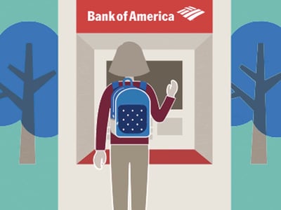 This illustrative image features a cartoon student with a blue backpack walking towards a building that resembles a bank or university entrance, flanked by two stylized trees on either side. The words "BANK OF AMERICA" are prominently displayed at the top in blue, with "STUDENT LOAN REVIEW" directly below it in red, making it clear that the image relates to the article's focus on Bank of America student loans. The student's faceless depiction emphasizes the general nature of student loan borrowers, connecting to the discussion of how Bank of America no longer offers private or federal student loans but still maintains a portal for existing borrowers to repay their loans. The image visually encapsulates the article's theme of reviewing Bank of America's historical and current involvement in the student loan market.