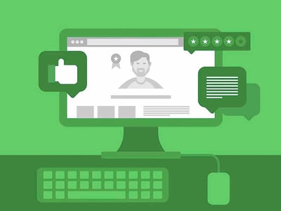 Vector illustration featuring a green computer monitor surrounded by speech bubbles with a thumbs up and a five-star rating. This graphic accompanies a guide on the best paid survey sites for 2026, highlighting platforms like Survey Junkie and Swagbucks where users can earn money by sharing their opinions online.