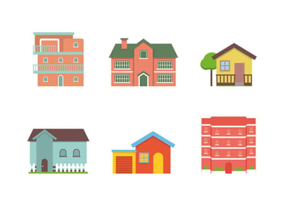 A graphic illustrating various types of real estate investments available through platforms like RealtyMogul, set against a subtle grey gradient background with "THE COLLEGE INVESTOR" logo in the bottom left corner. The image features six distinct, stylized buildings: a three-story apartment building with balconies, a two-story house with a green roof, a single-story yellow house with a tree, a light blue house with a white picket fence, a red house with an attached garage, and a large red multi-story commercial building. This visual representation highlights the diverse commercial and residential real estate options for investors, including those participating in crowdfunding and REITs, as discussed in the accompanying article on RealtyMogul's investment opportunities.