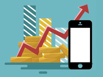 This detailed graphic visually represents the growth and opportunities associated with online stock trading platforms like Webull, specifically for technical traders and investors seeking commission-free trading. On the left, several stacks of gold coins symbolize financial investment and accumulated wealth. Behind the coins, three vertical bar graphs, colored in alternating white-striped blue and yellow, ascend in height from left to right, illustrating increasing value or positive market trends. A prominent red line graph with a sharp upward trajectory and an arrow at its peak overlays the coins and bars, emphasizing significant growth and profitability in the stock market. To the right, a sleek black smartphone with a blank white screen stands upright, signifying the app-based nature of Webull and its accessibility for mobile trading. The bottom left corner features the logo "THE COLLEGE INVESTOR" in white text, indicating the source and context of this review for college investors interested in online stock brokers and trading apps that offer in-depth market research.