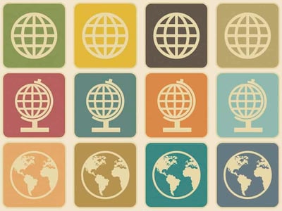 This image features a grid of colorful squares, each containing a white or light-colored globe icon, illustrating the international reach of Prodigy Finance. The top two rows show simple globe outlines with intersecting lines, presented in various background colors like green, yellow, dark gray, and light brown. The middle row displays more detailed globe icons with stands, in backgrounds of red, light blue, orange, and a darker blue. The bottom row showcases detailed world map globes with visible continents in light colors against shades of orange, green, and dark blue. In the bottom left corner, the text "THE COLLEGE INVESTOR" is prominently displayed in white. This visual effectively reinforces the article's focus on Prodigy Finance's services for international graduate students across over 150 countries and 800 schools worldwide.
