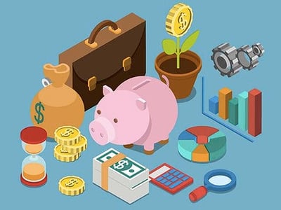 This detailed isometric illustration visualizes key elements of business finance, connecting directly to the article's focus on "Best Business savings accounts." Dominating the center is a classic pink piggy bank, symbolizing savings and encouraging the reader to explore options for parking business cash. Surrounding it are various financial icons: a brown briefcase representing business and investment, a money bag with a dollar sign indicating funds, and stacks of gold coins signifying wealth and interest earnings. A potted plant with a dollar coin as its bloom further emphasizes growth and earning potential from business savings. Other elements include a bar graph and pie chart illustrating financial data and analysis, a calculator for managing money, an hourglass representing time and long-term financial planning, gears suggesting financial mechanisms, and a magnifying glass for careful examination of business saving account options. The logo "THE COLLEGE INVESTOR" is prominently displayed in the bottom left, branding the financial advice provided. Source: The College Investor