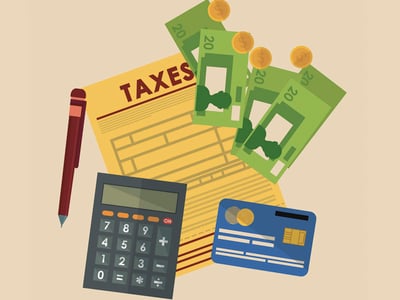 This image, "H&R Block Alternatives," features a collection of financial and tax-related items against a warm, light brown background, illustrating the topic of tax filing software options. In the upper left, a yellow tax document with the word "TAXES" prominently displayed at the top sits next to a dark red pen, signifying the process of preparing tax returns. To the right of the tax form, several green bills, likely representing $20 denominations, are scattered alongside golden coins, emphasizing the financial aspect of taxes and potential refunds or payments. Below the tax document, a dark grey calculator with orange buttons is positioned next to a blue credit card with a gold chip and magnetic stripe, representing online payments and financial transactions associated with tax preparation. The bottom left corner prominently displays "THE COLLEGE INVESTOR" logo in white text, indicating the source of this article that compares H&R Block with other tax software products like TurboTax, TaxSlayer, FreeTaxUSA, and CashApp Taxes.