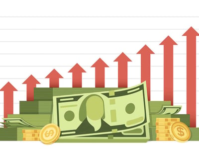 A visually striking image depicting financial growth and increasing costs in the context of tax filing software. The foreground features stacks of green paper currency, representing money, alongside gleaming gold coins with dollar signs, symbolizing wealth and investment. Dominating the background is a series of red arrows pointing upwards and to the right, signifying rising prices and an upward trend, set against a subtle gray grid pattern. This powerful visual metaphor directly relates to the article's discussion of TaxAct's substantial price increases over the last two years without significant product improvements, prompting users to seek "TaxAct alternatives" and "the best tax software" for maximizing their refunds this filing season. The "THE COLLEGE INVESTOR" logo is prominently displayed in the bottom left corner, branding the image within the financial advice context.