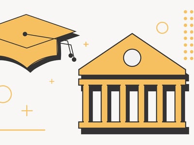 A digital illustration features a prominent yellow graduation cap with a black tassel on the left, symbolizing academic achievement and students. To the right, a classic yellow and black depiction of a bank or institutional building with columns represents financial services. These two main elements are connected by a thin, dashed line and surrounded by small, geometric shapes including circles and plus signs in yellow, orange, and black, suggesting a connection between students and banking services. The text "THE COLLEGE INVESTOR" is visible in black at the bottom left, reinforcing the article's focus on free college student checking accounts, no fees, and the best options like Discover Cashback Debit, highlighting the benefits and conveniences for students managing their finances.