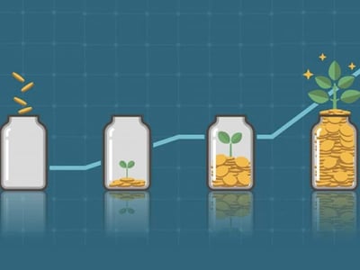 An illustrative image depicting the growth of investments, featuring four glass jars arranged horizontally against a dark blue background with a light blue grid pattern. The first jar on the left is empty, with three gold coin-like shapes falling into it. The second jar contains a small green sprout emerging from a few gold coins at the bottom. The third jar shows a more developed green plant growing from a larger pile of gold coins. The fourth and final jar on the right is overflowing with gold coins, and a thriving green plant with sparkling leaves sprouts from the top, indicating significant financial growth. A light blue line graph trends upwards across the jars, visually representing increasing returns over time. The words "THE COLLEGE INVESTOR" are prominently displayed in white text in the bottom left corner. This image visually reinforces the article's discussion on interest-bearing checking accounts and financial growth offered by NBKC Bank.