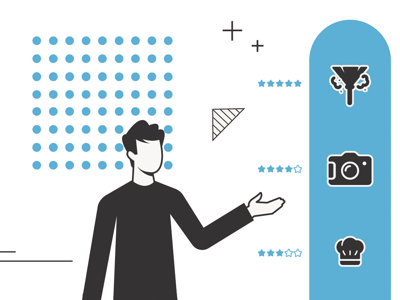 A dynamic infographic illustration titled "The College Investor: Best Side Hustles" features a stylized figure of a man in a black shirt on the lower center, gesturing with an open hand towards a list of icons on a light blue panel on the right. The background is a mix of white and light blue, adorned with scattered light blue polka dots and minimalist black line art shapes like plus signs and triangles. The man's gesture highlights three black icons arranged vertically: a funnel, a camera, and a chef's hat, each accompanied by five blue stars, suggesting high ratings for these side hustle categories. This visual aims to help readers identify worthwhile side hustles with high earning potential, good scheduling flexibility, and growth opportunities, tying into the article's focus on effective ways to earn extra money to achieve financial goals like paying off student loans or saving for retirement.