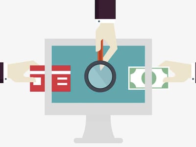 This illustrative image depicts a computer monitor with various financial elements surrounding and interacting with it, contextualizing the search for the best options trading platforms. A pair of hands on the left holds two red credit cards, while another pair of hands on the right holds two green dollar bills, symbolizing transactions and financial instruments. Centered above the monitor, a hand holds a large magnifying glass, suggesting research and careful examination of financial tools and features. The overall impression highlights the process of evaluating brokerage platforms for options trading, focusing on factors like commissions, research quality, and platform design, as discussed in the article for investors looking to choose between brokerages like Charles Schwab and its Thinkorswim platform.