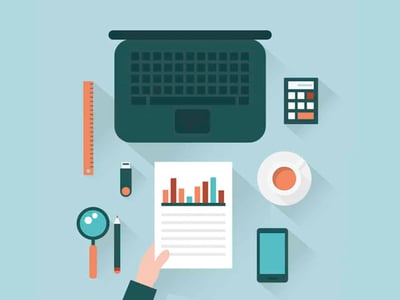 This graphic, titled "WHAT'S THE DIFFERENCE 403B VS 457B PLANS?", visually compares and contrasts these two specialized retirement savings plans for government and related organization employees. The image features a top-down view of various office and financial-related items laid out on a light blue, textured surface, possibly representing a desk. Centered at the top is a grey laptop with its screen facing up, indicating research or financial planning. To the left of the laptop is a thin, orange and white ruler, suggesting measurement or careful consideration. On the right, a small calculator is visible, emphasizing the mathematical and financial aspects of retirement planning. Below the laptop, a USB drive and a document displaying a bar graph with red, orange, and blue bars are shown, representing data analysis and investment performance. Further to the right, a white circular object with an orange center, resembling a compact disc or a target, might symbolize aiming for retirement goals. The overall composition reinforces the article's focus on understanding and choosing between 403b and 457 plans for securing one's financial future in retirement.