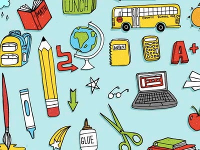 This vibrant, hand-drawn illustration depicts a collection of school-related items scattered across a light blue background, symbolizing various aspects of education and learning. Prominently featured are a yellow school bus, an open red textbook with "MATH" written on it, a green "LUNCH" box, a yellow backpack, a large yellow pencil, a globe, a yellow notebook labeled "NOTES," a calculator, and a red "A+" block. Other elements include a laptop showing a document, eyeglasses, and several small arrows and stars, with "THE COLLEGE INVESTOR" logo partially visible in the bottom left. The image contextually supports the article about Backer and 529 college savings plans by visually representing the educational journey and the financial preparations needed, emphasizing that the platform helps families save for college and other educational expenses, making it easier for friends and family to contribute to a child's future.