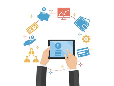 This illustrative image, relevant to an article discussing Barclays Bank reviews and online savings accounts, depicts two hands holding a black tablet displaying a blue dollar sign icon, surrounded by a semi-circle of financial graphics. Clockwise from the top left, the icons include a blue piggy bank with a dollar sign, a red computer monitor showing a line graph, a blue wallet, a yellow gear with a dollar sign, a blue credit card, three interconnected yellow human figures representing banking customers, and a yellow hand with a dollar sign. A yellow stack of bills with a dollar sign sits to the left of the piggy bank. The "THE COLLEGE INVESTOR" logo is visible in the bottom left corner. This visual metaphor highlights the various digital banking products and services offered by institutions like Barclays, emphasizing online-only features such as high-yield savings accounts and CDs, as discussed in the accompanying article. Source: The College Investor