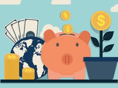 A vibrant, illustrative image depicts financial growth and global banking, relevant to a Chase Bank review. The central focus is a friendly, light pink piggy bank, symbolizing savings and investment. To its left, a partial globe in blue and white represents Chase's widespread presence as one of the largest banks in the U.S., with a fan of dollar bills rising behind it, indicating wealth and financial products. A stack of gold coins sits in front of the globe, while smaller gold coins with dollar signs fall into the piggy bank and float in the light blue sky, which is dotted with cartoonish white clouds. To the right, a potted plant with dark green leaves sprouts a large gold coin with a dollar sign at its center, illustrating the concept of money growing over time. The bottom left corner prominently features "THE COLLEGE INVESTOR" logo in white text, reinforcing the article's target audience and financial education theme. This image encapsulates the idea of smart financial choices, a key theme when considering a full-service bank like Chase for various accounts and services.