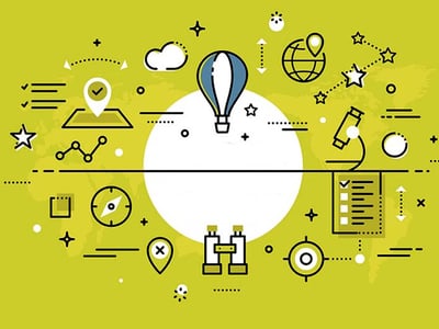 This illustrative graphic, set against a vibrant chartreuse green background, visually represents the comprehensive financial tools and services offered by Discover Bank, as reviewed by The College Investor. At the center, a large white circle provides a focal point, surrounded by numerous black line-art icons that symbolize various aspects of personal finance and exploration. These icons include a hot air balloon, a cloud, a map pin, a globe, stars, a microscope, a checklist, a compass, binoculars, and a line graph, all connected by dotted lines and arrows, suggesting navigation and growth in the financial landscape. The bottom left features the stylized text "THE COLLEGE INVESTOR," reinforcing the source of this detailed review of Discover's high yield savings accounts, checking products, and CDs.