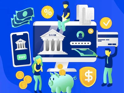 An illustrative image, branded with "The College Investor" logo, depicts various elements of online banking and financial management against a deep blue background. Central to the image is a computer monitor displaying a classical bank building facade, symbolizing Huntington Bank's services. Around the monitor, a young man sits on top, working on a laptop, representing digital access. To the right, paper financial statements, a checked box icon, and a credit card emphasize transactions and approvals. Below the monitor, a piggy bank collects golden coins, and a woman stands observing, while a man on the right holds up a dollar sign shield, signifying financial protection and investment. Other elements include stacks of cash, a percentage sign, and a smartphone displaying a banking app with a "PAY" button, alluding to the convenience of mobile banking and the different account types offered by Huntington Bank, such as checking, savings, and money market accounts.
