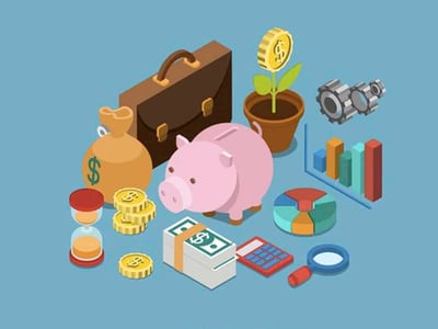 This illustrative image for a "SoFi Active Investor Review" features a vibrant array of financial and investment-related icons against a split blue and grey background. In the foreground, a cute pink piggy bank sits centrally, symbolizing savings and growth. Around it are various elements like stacks of gold coins, a bundle of cash, a calculator, a magnifying glass, and a colorful pie chart representing diversified investments. In the blurred background, additional icons include a briefcase, a potted plant, and a pair of binoculars, suggesting financial planning and observing market trends. The overall composition emphasizes the key aspects of SoFi Active Investing, such as commission-free trading, managing money, and building wealth, aligning with the article's focus on low-cost brokerages and stock trading platforms.