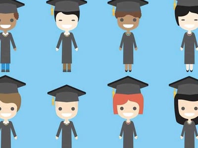 A cheerful group of diverse cartoon graduates, some with light brown skin, some with fair skin, and some with darker skin, are depicted in two rows against a solid light blue background, symbolizing the completion of higher education. Each graduate wears a traditional black cap and gown, with various hair colors and styles peeking out from beneath their caps, indicating different ages and backgrounds. This image visually represents the millions of Americans who have earned a bachelor's degree and often carry student loan debt, directly correlating with the article's focus on "Average Student Loan Debt" and how these amounts compare by graduating class. The bottom left corner prominently displays "THE COLLEGE INVESTOR" logo, reinforcing the financial literacy and investment context of the accompanying article. Source: The College Investor