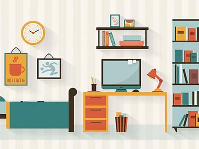 An illustration of a tidy dorm room, featuring a neatly made bed with a teal comforter on the left. Above the bed, a round orange clock hangs next to framed artwork, one depicting a steaming cup of "HOT COFFEE" and another showing a stylized figure running. To the right, a bright yellow desk holds a desktop computer with a teal screen, an orange desk lamp, a pen holder, and a small striped wastebasket. Above the desk, a floating shelf displays books and decorative frames. On the far right, a tall bookshelf is filled with numerous colorful books. The background consists of light-colored vertical stripes. The image contextually highlights the importance of dorm room renters insurance for students, protecting belongings like laptops, cameras, and clothing that are typical in such a space. Source: The College Investor