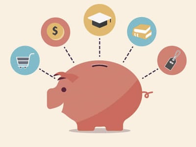 A warm-toned, illustrative image features a large, reddish-pink piggy bank centered on a light tan background, representing savings and financial planning. Six circular icons are strategically placed above and around the piggy bank, each connected by dashed lines, symbolizing different aspects of personal finance and expenditures. Clockwise from the left, these icons include a light blue circle with a white shopping cart, a red circle with a dollar sign, a yellow circle with a white graduation cap, a teal circle with two stacked books, and a reddish-pink circle with a white price tag. In the bottom left corner, the white text "THE COLLEGE INVESTOR" is prominently displayed. This visual reinforces the article's focus on online banking reviews, specifically HSBC, and encourages readers to consider how top-yielding savings products can help manage various financial goals and expenses, despite the bank's recent changes in its U.S. mass market retail banking business.