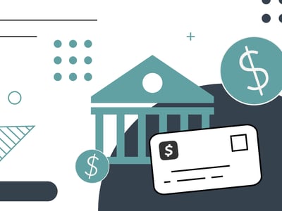 A light teal and white graphic depicts a bank building with classic columns at its center, symbolizing financial institutions. Around the bank, several dollar signs in circles are scattered, representing money and banking services. In the foreground, a white check with a dollar sign symbol on it is prominently displayed, emphasizing the core topic of checking accounts. The background features abstract shapes and lines in coordinating teal, white, and dark gray, creating a modern and clean aesthetic. This image illustrates the concept of "second-chance checking accounts," highlighting how these special bank accounts help individuals with past negative banking records, such as bounced checks or overdrafts, get back on track and manage their finances effectively.