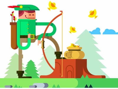 An illustrative cartoon image depicting a stylized Robin Hood-like character, wearing a green tunic, hat with a red feather, and brown boots, kneeling on one knee with a bow and arrow aimed towards a pot of gold coins resting on a tree stump. The character, with a friendly expression, has a quiver of arrows on his back. In the background, three small yellow birds fly above evergreen trees and blue clouds, creating a whimsical forest setting. The image visually represents the concept of Robinhood's commission-free trading and investing platform, as discussed in the article "Robinhood Review 2024," symbolizing the idea of taking from the rich (Wall Street firms) and giving to the less fortunate (everyday investors) through accessible financial tools like stocks, ETFs, options, and cryptocurrency trading. The bottom left corner features "THE COLLEGE INVESTOR" logo, connecting the image to the article's source.