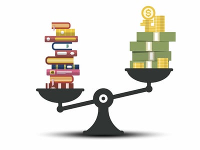 A digital illustration depicts a black scale with two pans, balancing two distinct stacks on a dark gray background with the white text "THE COLLEGE INVESTOR" in the bottom left corner. On the left pan, a tall stack of colorful books with various spine colors including red, yellow, blue, and brown, symbolizes education or student expenses. On the right pan, a stack of green dollar bills and gold coins, topped with a dollar sign icon, represents money or financial resources. The money side of the scale is slightly lower, indicating its heavier weight, which visually suggests the significant financial aspect of college investing or managing student finances. This image effectively contextualizes the discussion about financial management tools like Tiller Money for college investors.
