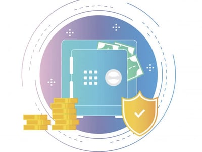 An illustrated graphic for "The College Investor" features a light blue safe filled with green dollar bills, representing secure savings and banking. To the left of the safe, a stack of gold coins symbolizes financial assets and the potential for savings growth. On the right, a gold shield with a white checkmark signifies security, protection, and trust in financial institutions. All these elements are encircled by a gradient purple and blue ring with dashed lines and sparkling dots, suggesting digital or online banking and the comprehensive services of a full-service bank. The image visually supports the article's focus on Bank of America's savings offerings, highlighting key aspects like security, managing savings goals, and the overall banking experience.