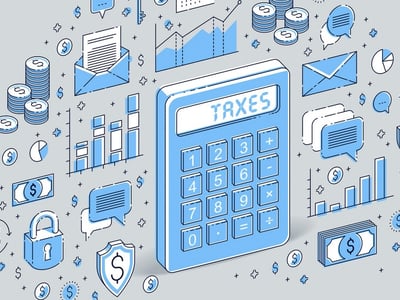 This detailed graphic illustrates the concept of 529 plan tax benefits, specifically focusing on contributions. The image features a prominent blue calculator on the right, with the word "TAXES" clearly displayed on its screen, symbolizing financial calculations related to tax deductions. In the background and to the left, various financial elements are depicted in a light blue and white color scheme, including stacks of coins and bills representing savings, bar graphs indicating growth or deductions, and pie charts suggesting financial allocations. These elements collectively emphasize the financial advantages and rules associated with 529 plan contributions for college savings. The overlay text, "OFFER A 529 PLAN CONTRIBUTION TAX DEDUCTION," highlights the article's central theme: how certain states provide tax incentives for contributions to 529 plans, including tax deductions and credits.