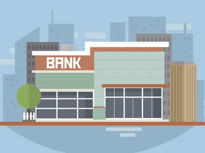 A digital illustration depicts a modern bank building in the foreground, featuring a two-story structure with distinct architectural elements. The left side of the building is predominantly orange-red with "BANK" written in prominent white capital letters, while the right side is a light teal color with textured blocks. Both sections have large windows reflecting the sky, and a small green tree with a white fence sits to the left. In the background, a light blue sky serves as a backdrop for a cityscape composed of various gray and brown buildings, suggesting an urban environment. The lower-left corner prominently displays the white text "THE COLLEGE INVESTOR", identifying the source of the content. This image visually represents the concept of traditional banks, providing a clear contrast for an article discussing credit unions as an alternative to banks, highlighting options like First Tech Federal Credit Union and Consumers Credit Union.