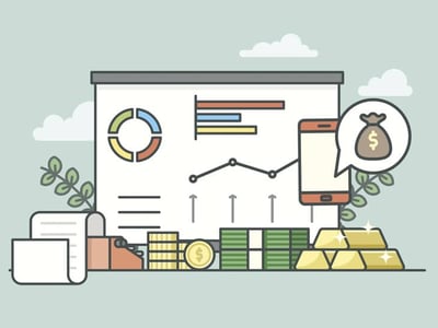An illustrated image depicts various financial elements against a light blue sky with white clouds, all relating to the article's focus on online banking and investment. In the center, a large white presentation board displays a colorful pie chart, a bar graph, and a line graph with upward-pointing arrows, symbolizing growth and positive financial performance. Below the board, stacks of gold coins, bundles of green cash, and four gleaming gold bars represent diverse investment opportunities. To the left, a scroll of paper and what appears to be a document or statement are visible next to a plant with green leaves. A red smartphone on the right has a speech bubble emanating from it, containing a money bag icon with a dollar sign, signifying mobile banking, app-based financial products, or earning interest. The image effectively illustrates the concept of competitive online banking products, interest-earning checking, and online business bank accounts discussed in the LendingClub Banking review.