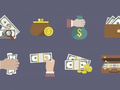 This illustrative graphic, presented on a dark purple background, features eight distinct icons related to financial transactions and money management, directly supporting an article reviewing the Cash App. The top row showcases images of money: a stack of paper currency with gold coins, a hand holding a single gold coin, a hand receiving multiple gold coins, and a hand holding a single dollar bill. The bottom row continues the financial theme with icons depicting stacks of dollar bills alongside a magnifying glass, a brown coin purse with a gold coin, a hand clutching a green money bag adorned with a dollar sign, and a brown wallet overflowing with dollar bills. These visuals collectively represent the various functionalities of financial service platforms like Cash App, which enables users to send and receive money, invest in stocks and Bitcoin, and manage their banking needs, as detailed in "The College Investor" article.