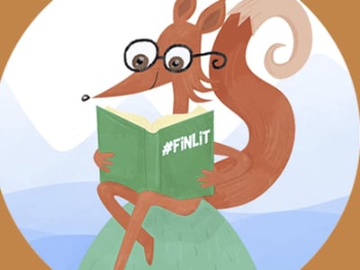 An engaging graphic for a "Napkin Finance Review" features an orange, fox-like cartoon character with glasses intently reading a green book titled "#FINLIT." The character is perched atop a blue-green, rounded hill, set against a background split horizontally between a light blue sky with faint white clouds and a solid orange-brown base. The words "NAPIKN FINANCE" are prominently displayed in dark blue text above the character, with the word "REVIEW" in bold red text underneath, partially obscured by the character's head and the book. This visual emphasizes the article's focus on Tina Hay's book, "Napkin Finance," an easy-to-understand personal finance guide that simplifies complex money topics through illustrations, making it accessible for readers who struggle with financial concepts and investing.