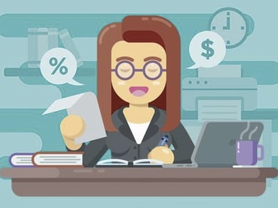 This animated image depicts a friendly female tax preparer with long reddish-brown hair and glasses, smiling cheerfully while seated at a desk. She is holding a document in her left hand, and a speech bubble with a percentage sign floats near it, suggesting calculations or tax forms. On the desk in front of her are open books, an open laptop, and a purple mug. In the background, a printer, a clock, and another speech bubble with a dollar sign further emphasize the financial and time-sensitive aspects of tax preparation. The overall scene, set against a teal background, illustrates the process of working with a qualified and experienced tax preparer to navigate taxes, whether for a simple or complex tax return, and highlights the goal of building a lasting relationship with a financial professional as discussed in the accompanying article on finding a tax preparer. Source: The College Investor