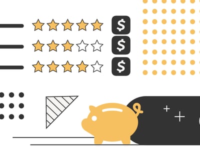 This image is a simplified, graphic representation featuring a golden piggy bank, three rows of golden star ratings, and dollar signs, all set against a white background with decorative elements. The piggy bank, a classic symbol of saving money for retirement, is positioned in the lower right, implying growth and investment, central to discussions about Roth and Traditional IRAs. Above it, three distinct rows display star ratings, with the top row showing five full stars, the middle row four stars, and the bottom row three stars, possibly representing evaluations of different IRA account providers like M1 Finance based on commissions, fees, investment options, and ease of use. To the right of the star ratings, three black squares each contain a white dollar sign, reinforcing the financial theme of saving for retirement and the tax-free growth benefits of an IRA. The overall design uses simple shapes and a color palette of gold, black, and white, making it a clear visual aid for an article discussing the best IRA accounts.