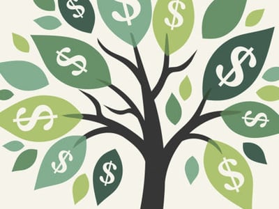 A stylized image featuring a dark brown tree trunk and branches reaching upwards, with numerous green leaves of varying shades adorning the branches and background. Each leaf prominently displays a white dollar sign ($) symbol, creating the visual metaphor of a "money tree." Overlaid on the image in a bold, sans-serif font are the words "BRANCH APP" in red at the top, followed by "REVIEW" in blue below it. This image serves as a visual identifier for an article discussing a Branch cash advance app review, highlighting its function as a paycheck advance company and an alternative to payday loans, helping users get money before their paycheck arrives.