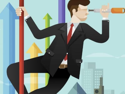 The image depicts a vibrant, illustrative graphic relevant to understanding an Employer Identification Number (EIN). In the foreground, a stylized businessman, partially obscured by a transparent overlay, is running towards the right side of the frame. He is dressed in a grey suit, white shirt, and a red tie, with his legs in mid-stride. Behind him, a series of upward-pointing arrows in shades of orange and green suggest growth and financial progress. In the background, a light blue sky meets a cityscape of modern buildings, implying a business environment. The dominant feature of the image is the clear, bold red and blue text overlaid on the upper portion, which reads: "WHAT IS AN EIN AND HOW TO GET ONE." This text directly addresses the article's topic, serving as a visual headline that explains what an EIN is and guides the reader on how to obtain one, emphasizing its importance for business checking accounts and filing taxes.