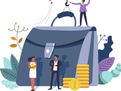 This image illustrates the concept of personal finance management and investment, featuring a large blue briefcase or satchel as a central element. Two figures, a woman in a white dress holding a yellow book and a man in a suit, stand in front of the briefcase, suggesting a professional or financial context. To the right, a stack of gold coins and a larger coin with a dollar sign further emphasize the financial theme. In the background, abstract plant-like shapes in green and orange, along with dotted lines and a partial view of another figure, add a modern, digital feel to the composition. The logo "THE COLLEGE INVESTOR" is prominently displayed in the bottom left, connecting the visual directly to the article's focus on financial tools and apps like Simplifi by Quicken.