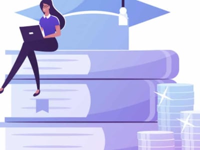 A brightly illustrated image titled "Ascendium Education Student Loan Servicing" prominently features a stylized female figure, possibly a student or financial expert, casually perched atop a towering stack of large, light blue books. She is depicted wearing what appears to be a graduation cap, signifying education, and is actively working on a laptop, emphasizing the digital and administrative aspects of student loan management. To the right of the book stack, several neat piles of shining silver coins, representing financial assets or payments, are meticulously arranged, connecting directly to the article's focus on student loans, servicers like Ascendium, and financial implications. The overall graphic conveys the intertwined themes of education, financial responsibility, and the management of student loans, such as FFELP loans from entities like Great Lakes and Nelnet.