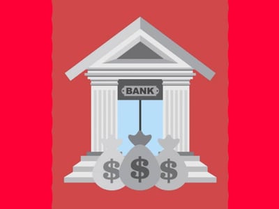 This image features a vibrant illustration depicting the concept of international bonds and investment. A stylized bank building with prominent columns and a "BANK" sign above the entrance stands at the center, symbolizing financial institutions and the global bond market. In the foreground, three grey money bags with dollar signs are arranged, representing wealth and capital, particularly relevant to bond allocation within an investment portfolio. The background is a stark red, drawing attention to the bold, white, and red text overlay which reads: "REWARDS OF INTERNATIONAL BONDS [AND HOW TO INVEST]". This visual strongly reinforces the article's focus on the risks and rewards of foreign bond funds and provides an engaging graphic for investors considering international bonds for stability against volatile stocks.