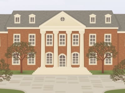 An illustrative, wide shot depicts a stately, symmetrical red brick college campus building with white trim, numerous windows, and several dormer windows on its grey roof, centered against a clear blue sky. Two prominent white-columned entrances flank a slightly recessed central section of the building. In front of the building, several trees with orange and green foliage are neatly spaced across a green lawn, which is bisected by a dark grey pathway or road leading into the foreground. In the bottom left corner, the words "THE COLLEGE INVESTOR" are prominently displayed in white, bold, sans-serif capitalization, connecting the image directly to the article's focus on college savings and investment strategies, such as UNest's UTMA accounts and 529 plans.