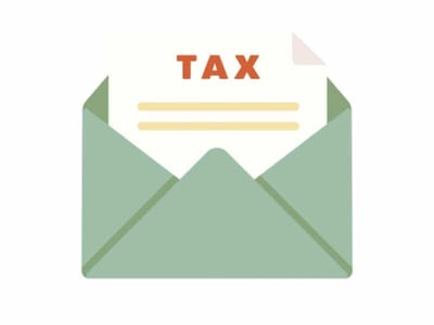 An illustration depicts a green envelope with an opened flap, revealing a white document inside that has the word "TAX" written in prominent orange letters at the top. Below the word "TAX" are two horizontal yellow lines, representing text or data on the document. The image visually represents important financial documents, specifically those related to taxes like FICA (Federal Insurance Contributions Act) taxes, also known as payroll taxes. This graphic is relevant to understanding what FICA is, who pays it, and the tax rates associated with Social Security and Medicare contributions, which are key topics discussed in the accompanying article on taxes for first-time filers.