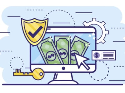 This illustrative image features a light blue computer monitor displaying three green stacks of U.S. dollar bills, each with a dollar sign symbol, suggesting online banking or digital financial management. A cursor resembling a white arrow points towards the money on the screen, while a yellow shield with a blue checkmark, symbolizing security, hovers above the monitor. To the right, a white cogwheel represents settings or processing, and a small purple rectangle with a dollar sign and lines indicates a transaction or receipt. A golden key with a rounded handle extends from the bottom left, reinforcing themes of access and financial solutions. The bottom left corner prominently displays "THE COLLEGE INVESTOR" logo, connecting the visual directly to the article's focus on TD Bank reviews, checking accounts, and savings accounts, emphasizing secure and convenient online banking options.