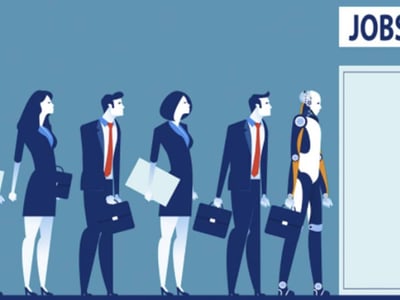 This illustrative image depicts a diverse group of job seekers, including both human figures and a robot, waiting in line against a deep blue background with "JOBS" visible in the upper right, partially cropped. The queue features three men and two women, all professionally dressed in suits and carrying briefcases or portfolios, symbolizing their readiness for employment. Notably, a modern, white and orange-accented robot stands among them, representing the evolving landscape of the workforce and potential job displacement or competition in the era of automation. The "THE COLLEGE INVESTOR" logo is prominently displayed in white text in the bottom left corner. This visual directly relates to the article's discussion on unemployment benefits and the impact of economic shifts, such as those caused by the coronavirus, on job security and the need for a social safety net.