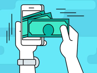 A stylized illustration depicts two hands engaged in a mobile banking transaction, relevant to the Provident Bank review on The College Investor. The left hand holds a white smartphone, from which several light green dollar bills are emerging, suggesting digital money transfers or account access. The right hand grasps one of these dollar bills, which features a prominent circular design in its center. The background is a solid teal color, with dark teal, rounded shapes along the top and bottom edges, creating a subtle frame. Short black lines behind the phone and extending from the dollar bill held by the right hand convey motion, emphasizing the speed and convenience of online banking. In the bottom left corner, the white text "THE COLLEGE INVESTOR" is visible, branding the image as content from the financial website discussing banks like Provident Bank and top online banks.