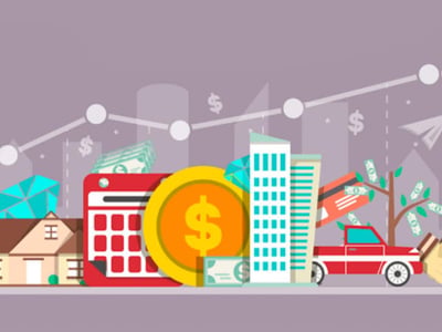 This vibrant, illustrative image for an eToro review by The College Investor depicts various investment concepts against a background of upward-trending financial growth. In the foreground, from left to right, a suburban house represents real estate investment, next to a red calendar, symbolizing financial planning or deadlines. A large gold coin with a dollar sign prominently displayed signifies currency or commodity investment, flanked by stacks of dollar bills. Modern high-rise buildings suggest stock or ETF investments, with a credit card nearby indicating financial transactions. Further to the right, a red car could represent vehicle assets, while a tree with dollar bills for leaves humorously illustrates the concept of money growing. Scattered throughout the scene are various financial icons like dollar signs, paper airplanes, and diamonds. The background features a city skyline silhouette and an upward-sloping line graph with white data points, reinforcing the article's theme of investing, diversification, and potential for financial growth with platforms like eToro, particularly for trading stocks, ETFs, and cryptocurrency.