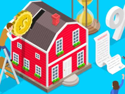 This image features a vibrant red, two-story house with multiple white-framed windows, each adorned with a green window box, depicted in an isometric style against a bright blue background. Above the house, partially obscured, are the words "INVEST IN MORTGAGE NOTES" in bold red text, indicating the article's focus on mortgage note investing. To the left, a ladder leans against an unseen structure, while a large magnifying glass with a golden coin inside, symbolizing financial examination and investment, is visible in the upper left. On the right, a roll of white tape and a document with illegible text represent the administrative and transactional aspects of buying or selling mortgage notes. This visual composition highlights Paperstac as a digital platform that links buyers and sellers, facilitating online transactions for this investment asset, and providing a modern marketplace for an historically complex investment class.