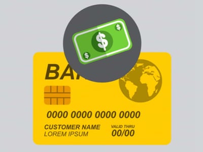 The image prominently features a yellow credit card with a gold chip on the left side, displaying "BANK" in the background and a placeholder credit card number "0000 0000 0000 0000." A faint globe icon is visible on the right, suggesting worldwide financial reach. A circular icon contains a green bill with a dollar sign, symbolizing money and financial transactions, emphasizing the importance of keeping a close eye on credit to protect against identity theft and improve credit scores, as discussed in the accompanying article about top credit monitoring services.